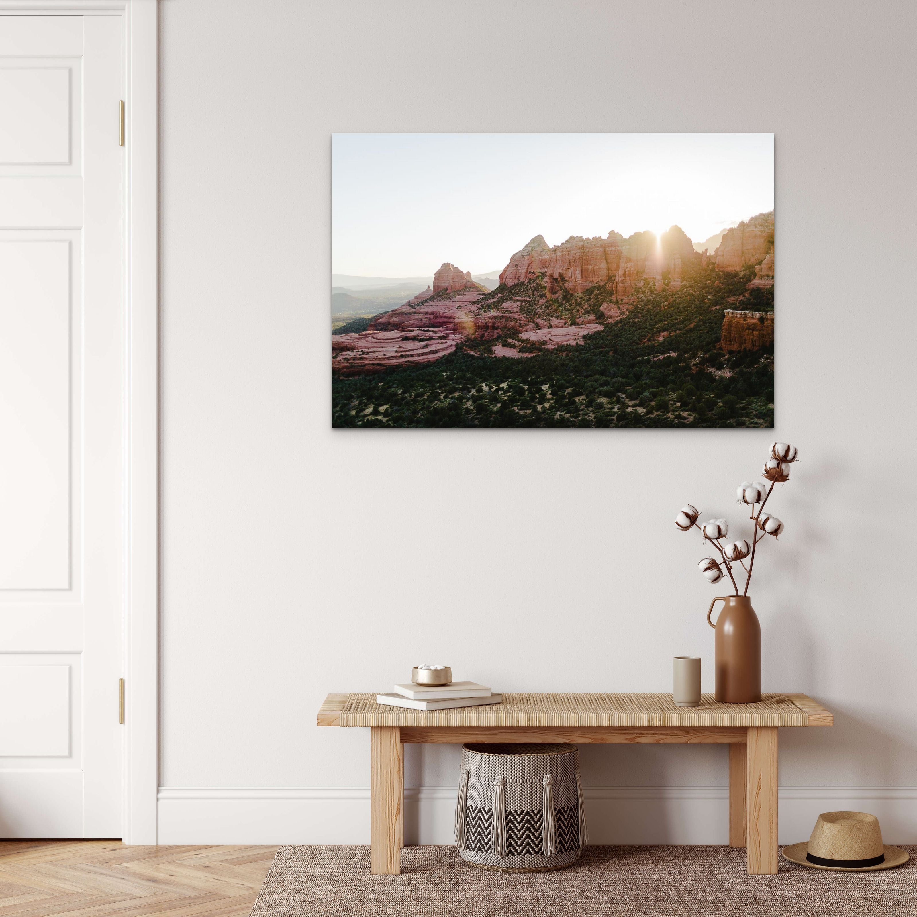 Sedona sunset fine art print displayed in a warm neutral living room